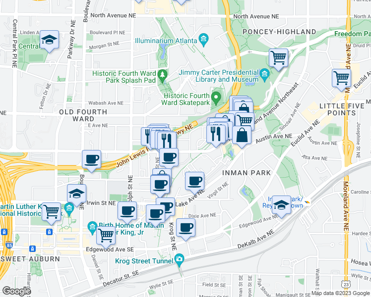 map of restaurants, bars, coffee shops, grocery stores, and more near 738 Highland Avenue Northeast in Atlanta