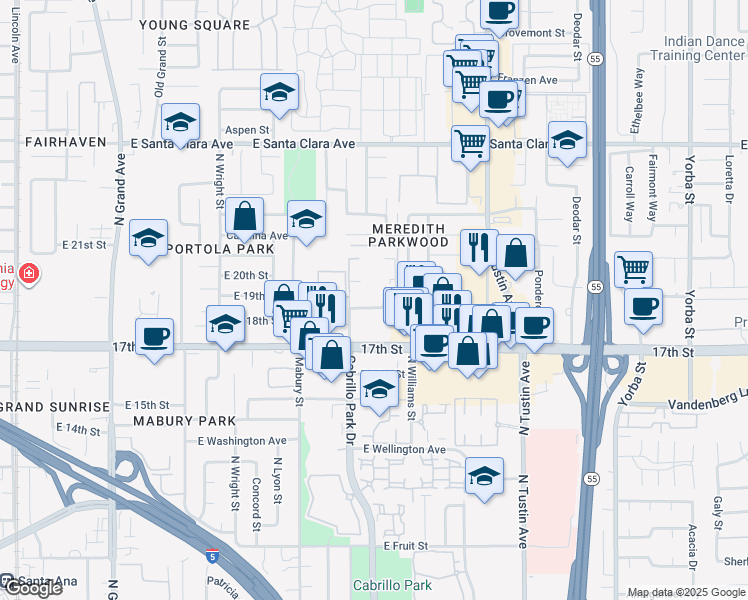 map of restaurants, bars, coffee shops, grocery stores, and more near 1901 East 19th Street in Santa Ana