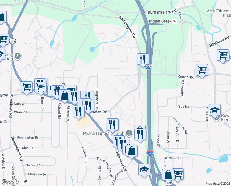 map of restaurants, bars, coffee shops, grocery stores, and more near 3746 Oakwood Manor in Decatur