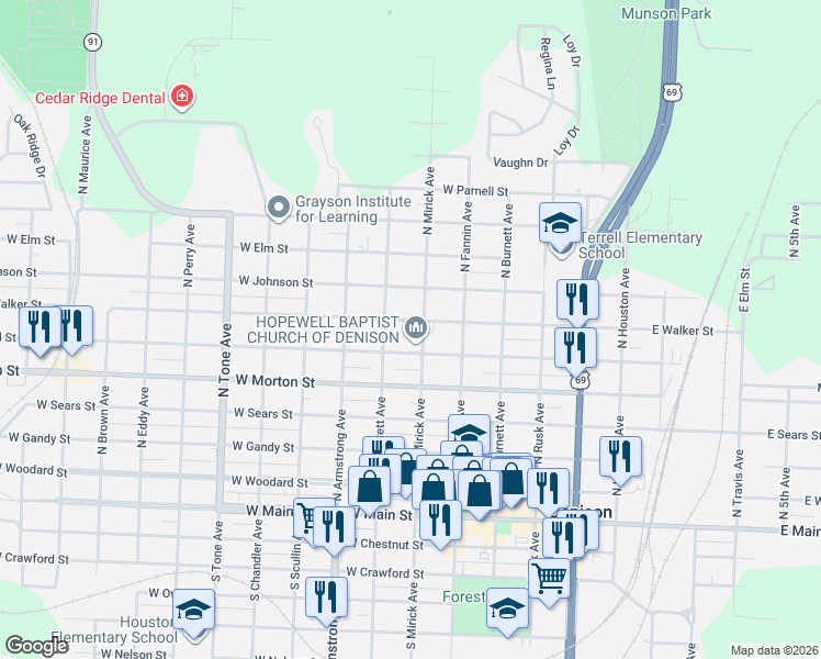 map of restaurants, bars, coffee shops, grocery stores, and more near 605 West Walker Street in Denison