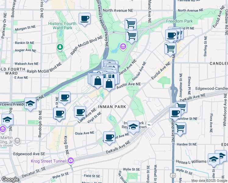 map of restaurants, bars, coffee shops, grocery stores, and more near 909 Austin Avenue Northeast in Atlanta