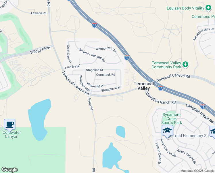 map of restaurants, bars, coffee shops, grocery stores, and more near 10411 Wagon Road West in Corona