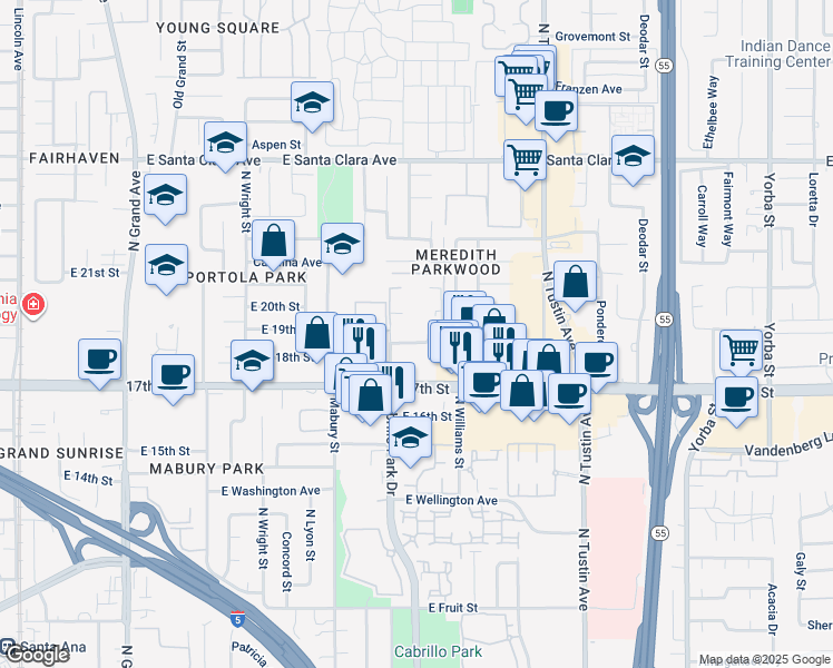 map of restaurants, bars, coffee shops, grocery stores, and more near 1907 Millwood Street in Santa Ana