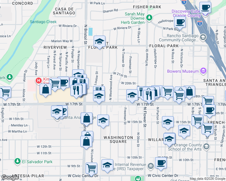 map of restaurants, bars, coffee shops, grocery stores, and more near 1902 North Towner Street in Santa Ana