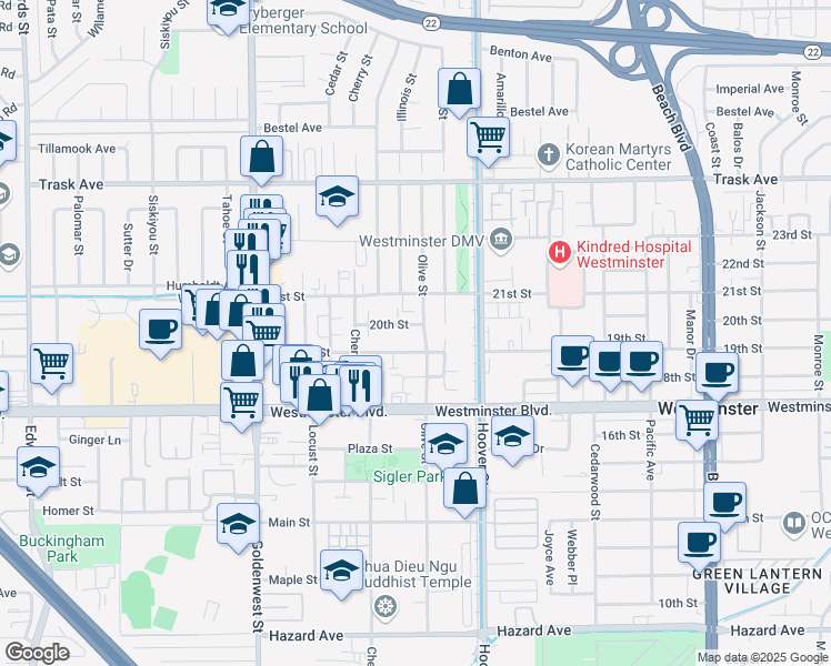map of restaurants, bars, coffee shops, grocery stores, and more near 13802 Olive Street in Westminster