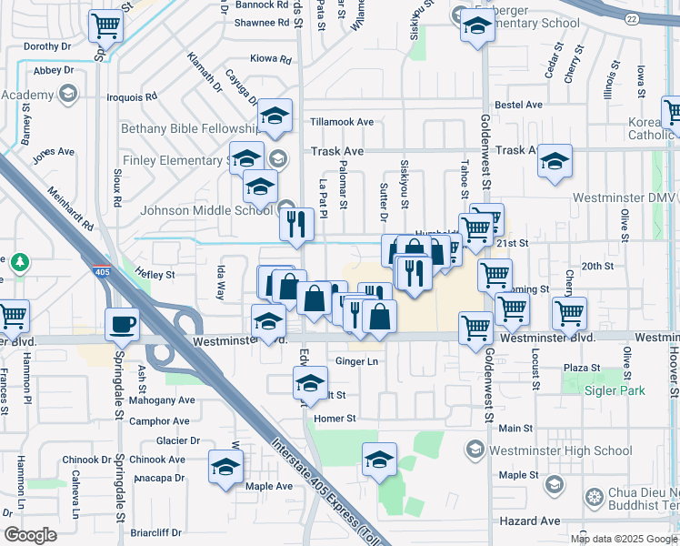 map of restaurants, bars, coffee shops, grocery stores, and more near 13772 La Pat Place in Westminster