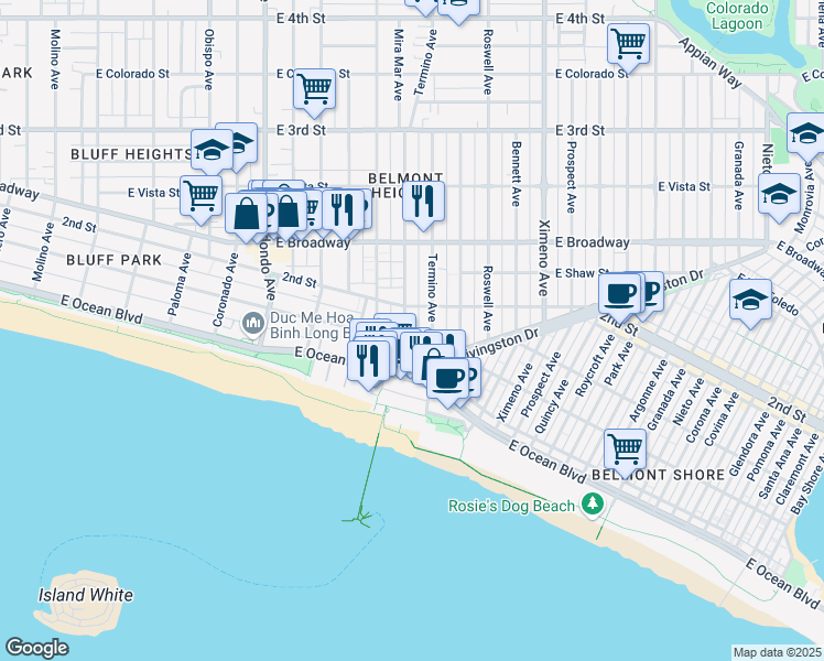 map of restaurants, bars, coffee shops, grocery stores, and more near 123 Termino Avenue in Long Beach