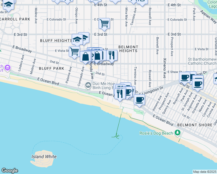 map of restaurants, bars, coffee shops, grocery stores, and more near 3535 East 1st Street in Long Beach