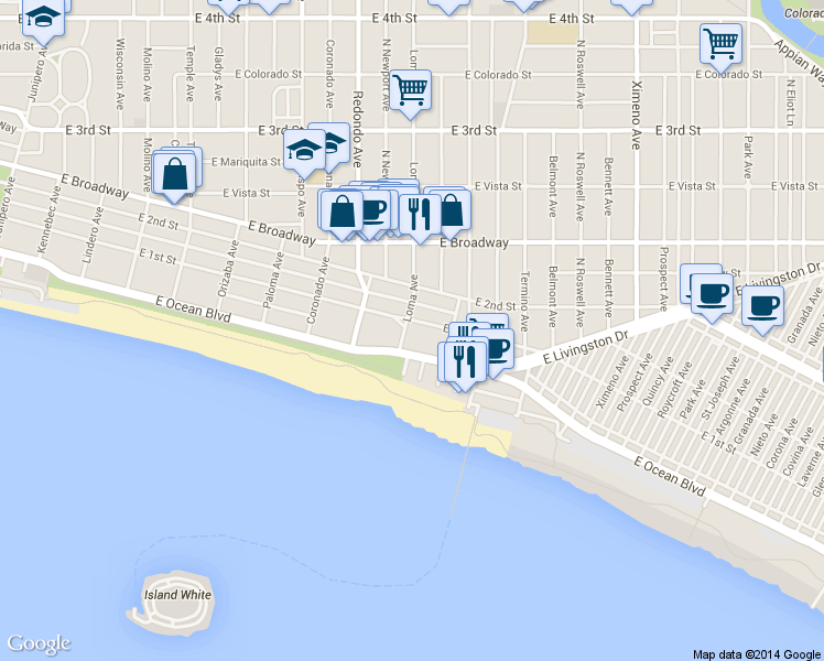 map of restaurants, bars, coffee shops, grocery stores, and more near 3535 East 1st Street in Long Beach