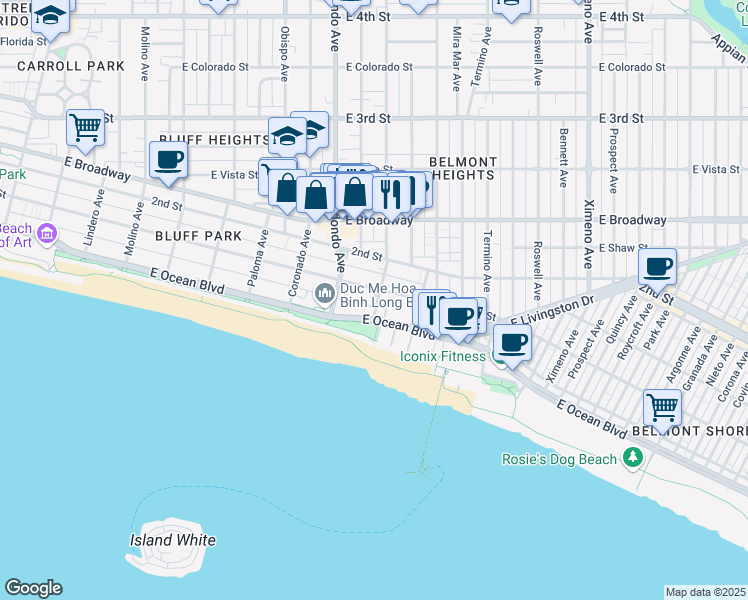map of restaurants, bars, coffee shops, grocery stores, and more near 3535 East 1st Street in Long Beach