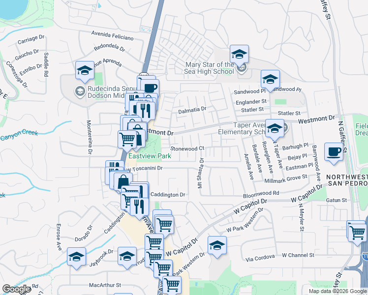 map of restaurants, bars, coffee shops, grocery stores, and more near 1535 Stonewood Court in Los Angeles