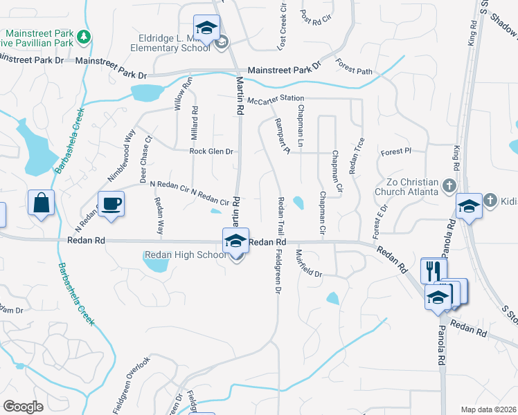 map of restaurants, bars, coffee shops, grocery stores, and more near 1112 Redan Trail Court in Stone Mountain
