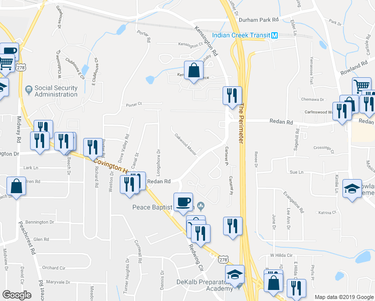 map of restaurants, bars, coffee shops, grocery stores, and more near 3746 Oakwood Manor in Decatur