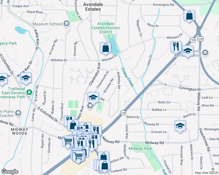 map of restaurants, bars, coffee shops, grocery stores, and more near 1136 Bromley Road in Avondale Estates