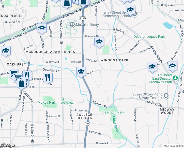 map of restaurants, bars, coffee shops, grocery stores, and more near 403 Kirk Road in Decatur