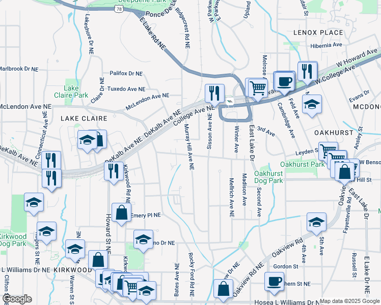 map of restaurants, bars, coffee shops, grocery stores, and more near 310 Murray Hill Avenue Northeast in Atlanta