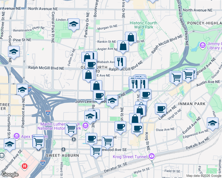 map of restaurants, bars, coffee shops, grocery stores, and more near 283 Prospect Place Northeast in Atlanta