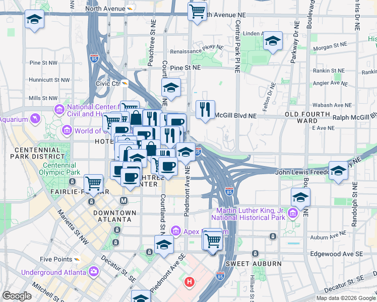map of restaurants, bars, coffee shops, grocery stores, and more near 254 Piedmont Avenue Northeast in Atlanta