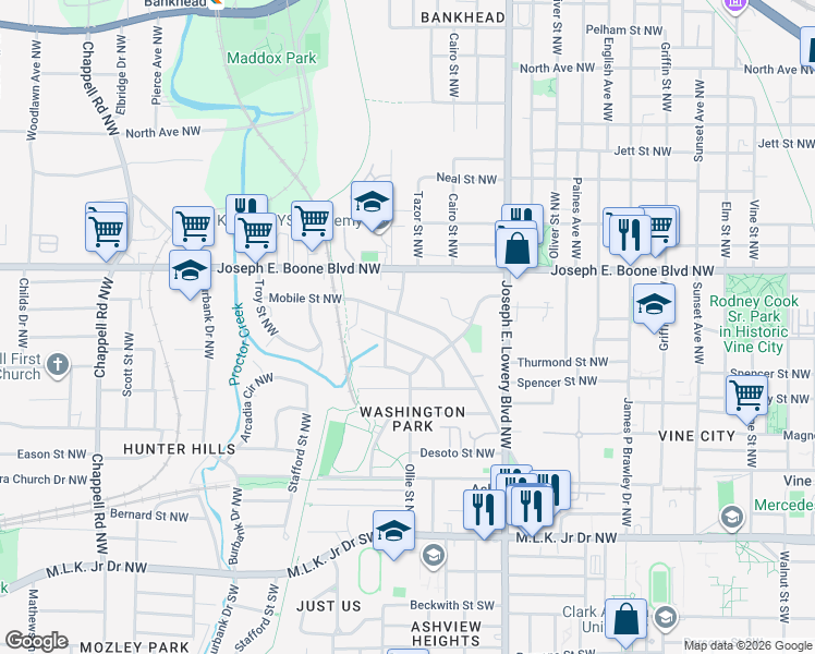 map of restaurants, bars, coffee shops, grocery stores, and more near 1070 Mayson Turner Road Northwest in Atlanta