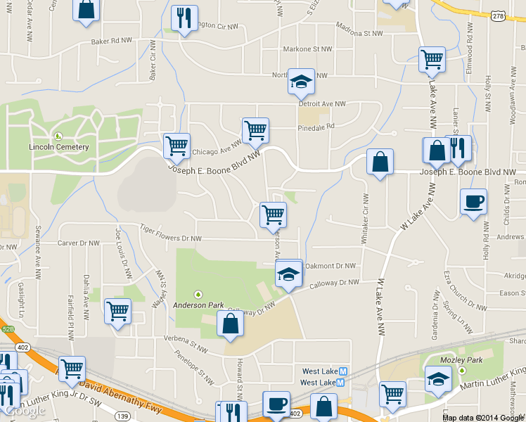 map of restaurants, bars, coffee shops, grocery stores, and more near 250 Anderson Avenue Northwest in Atlanta