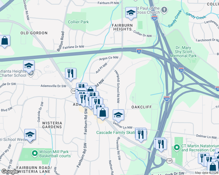 map of restaurants, bars, coffee shops, grocery stores, and more near 3486 Thompson Drive Northwest in Atlanta