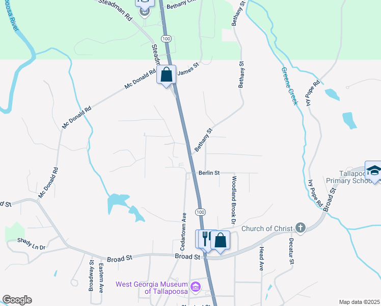map of restaurants, bars, coffee shops, grocery stores, and more near 0 Bethany Street in Tallapoosa