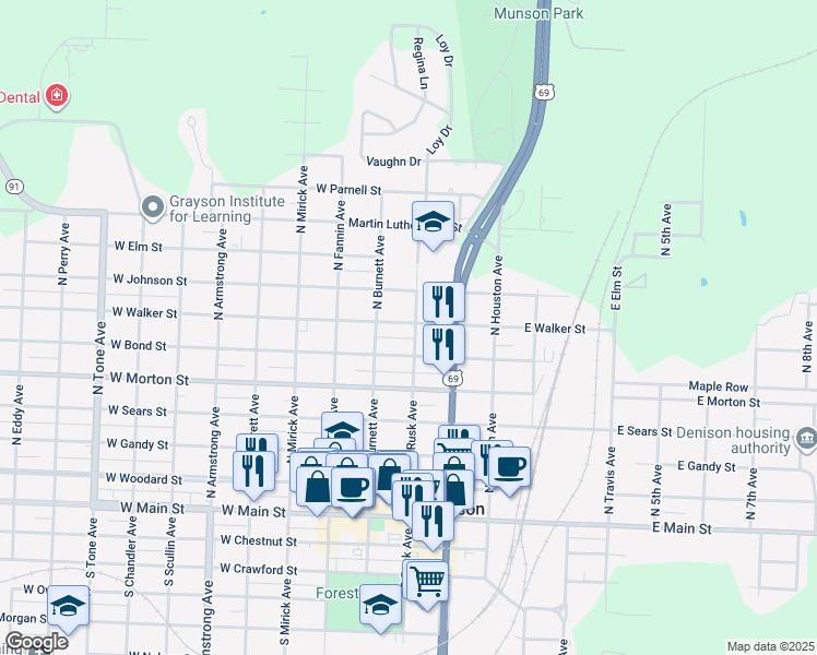 map of restaurants, bars, coffee shops, grocery stores, and more near 305 West Walker Street in Denison