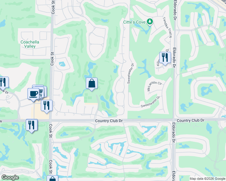 map of restaurants, bars, coffee shops, grocery stores, and more near 177 Desert Falls Circle in Palm Desert