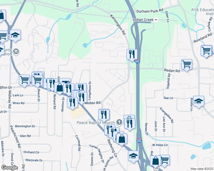 map of restaurants, bars, coffee shops, grocery stores, and more near 3751 Oakwood Manor in Decatur