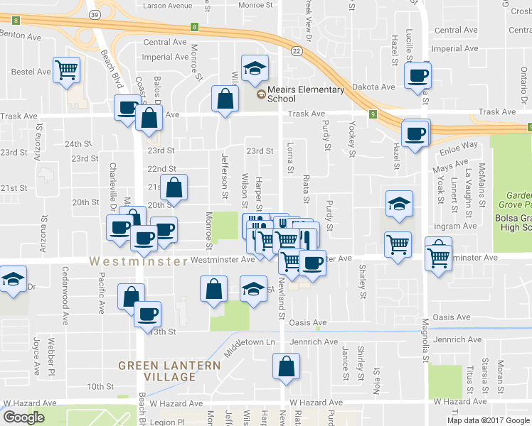 map of restaurants, bars, coffee shops, grocery stores, and more near 8452 20th Place in Westminster