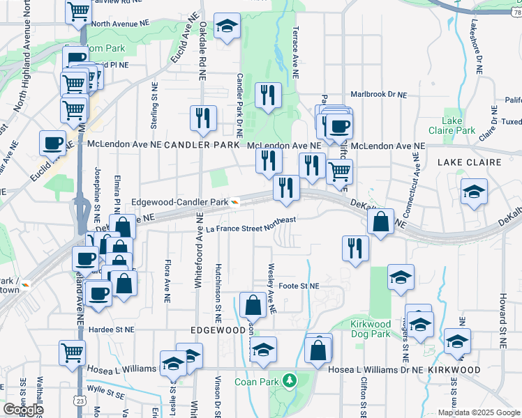 map of restaurants, bars, coffee shops, grocery stores, and more near 1522 Dekalb Ave NE in Atlanta