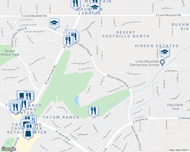 map of restaurants, bars, coffee shops, grocery stores, and more near 30256 North 47th Street in Cave Creek
