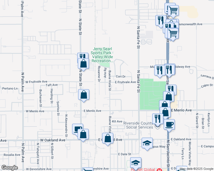 map of restaurants, bars, coffee shops, grocery stores, and more near 876 Aria Road in Hemet