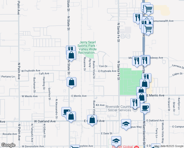 map of restaurants, bars, coffee shops, grocery stores, and more near 876 Aria Road in Hemet