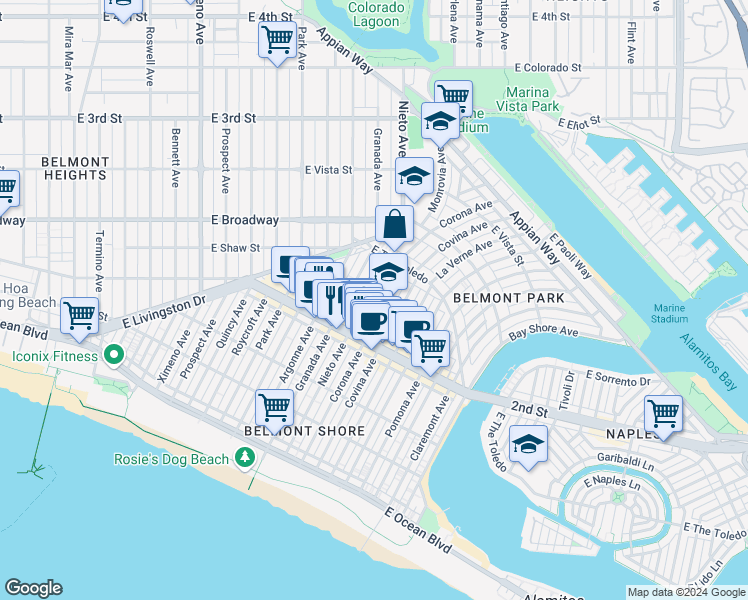 map of restaurants, bars, coffee shops, grocery stores, and more near 224 Nieto Avenue in Long Beach
