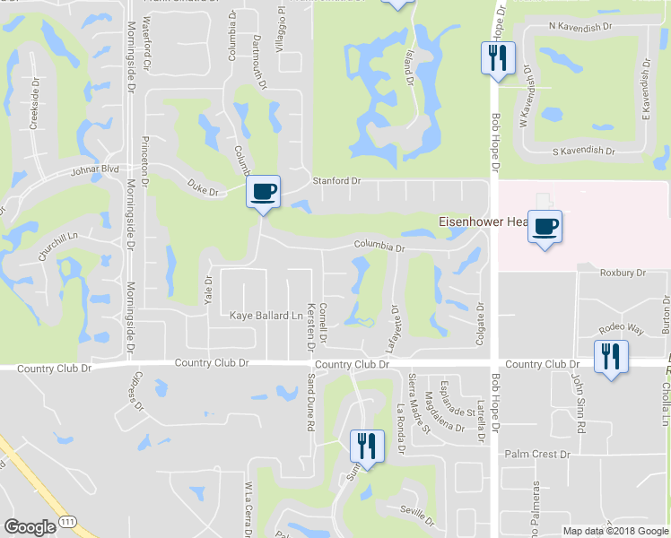 map of restaurants, bars, coffee shops, grocery stores, and more near 3 Rutgers Court in Rancho Mirage