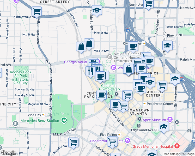 map of restaurants, bars, coffee shops, grocery stores, and more near Park Ave W in Atlanta