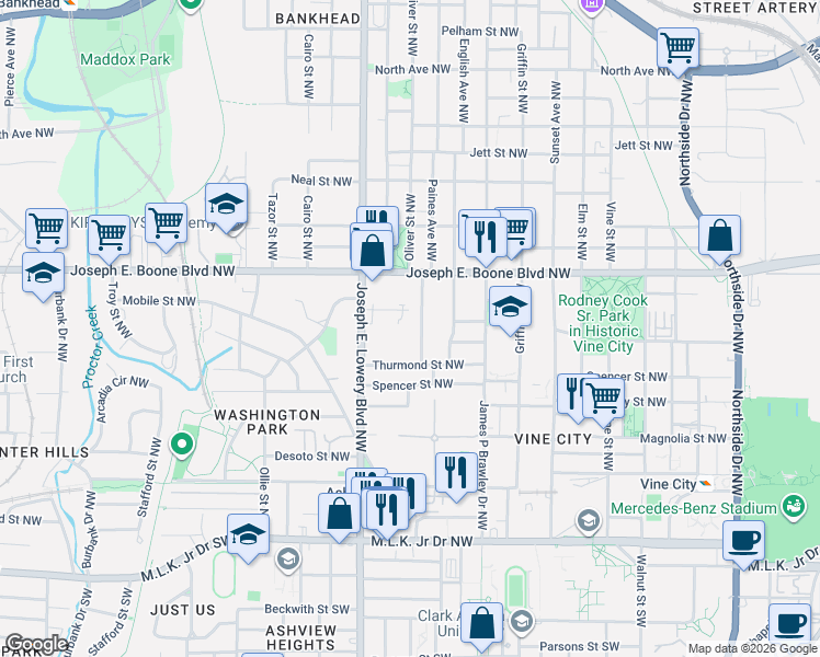 map of restaurants, bars, coffee shops, grocery stores, and more near 270 Sciple Terrace Northwest in Atlanta