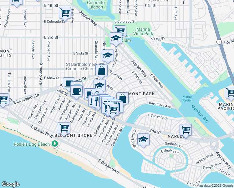map of restaurants, bars, coffee shops, grocery stores, and more near The Toledo & Glendora Avenue in Long Beach