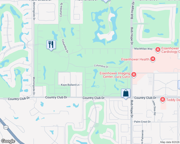 map of restaurants, bars, coffee shops, grocery stores, and more near 49 Columbia Drive in Rancho Mirage