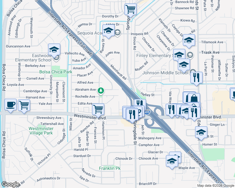 map of restaurants, bars, coffee shops, grocery stores, and more near 5791 Carlin Avenue in Westminster