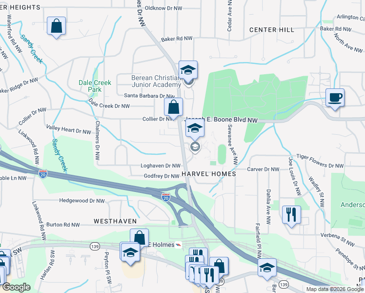 map of restaurants, bars, coffee shops, grocery stores, and more near Hamilton E Holmes Dr NW & Hightower Ct NW in Atlanta