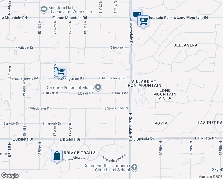 map of restaurants, bars, coffee shops, grocery stores, and more near 7036 East Davis Road in Scottsdale