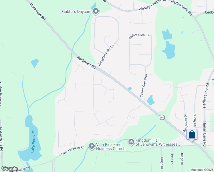 map of restaurants, bars, coffee shops, grocery stores, and more near 1700 Rockmart Road in Villa Rica
