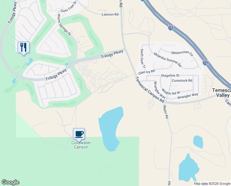 map of restaurants, bars, coffee shops, grocery stores, and more near 24650 Glen Ivy Road in Corona