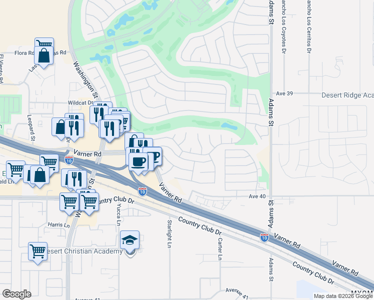 map of restaurants, bars, coffee shops, grocery stores, and more near 39375 Falconwood Court in Palm Desert