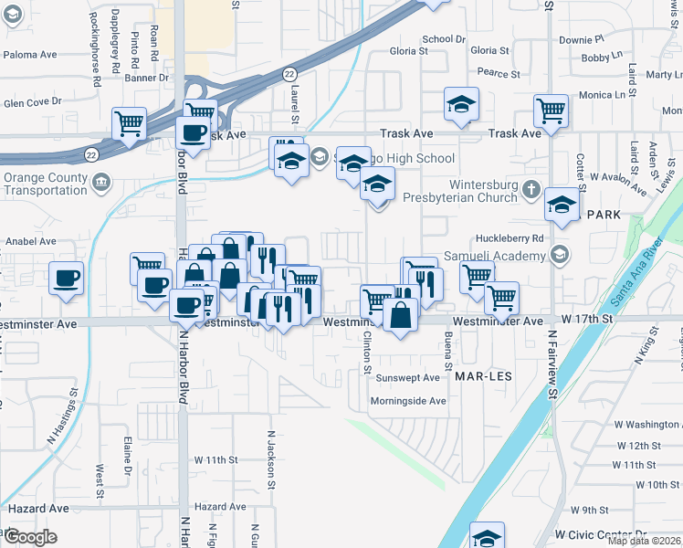 map of restaurants, bars, coffee shops, grocery stores, and more near 12430 Woodbridge Drive in Garden Grove