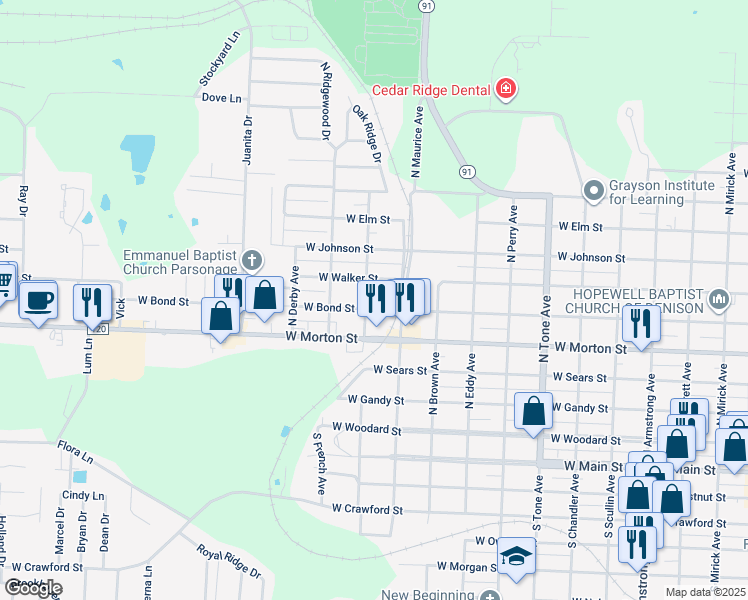 map of restaurants, bars, coffee shops, grocery stores, and more near 1530 West Walker Street in Denison