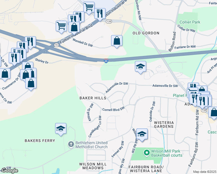 map of restaurants, bars, coffee shops, grocery stores, and more near 3991 Adamsville Drive Southwest in Atlanta