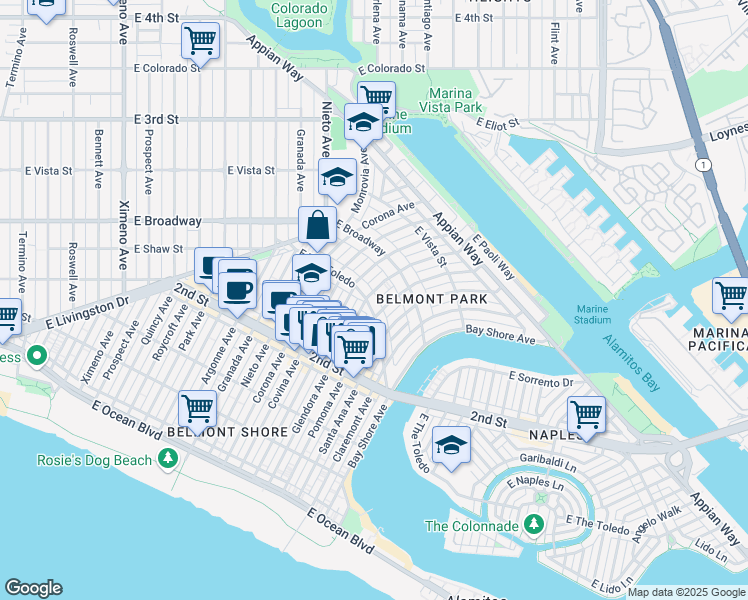 map of restaurants, bars, coffee shops, grocery stores, and more near 5301 East The Toledo in Long Beach